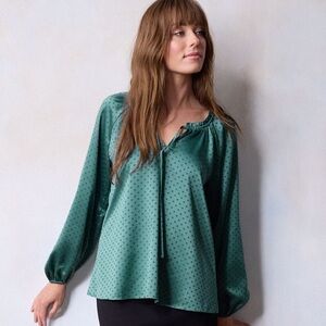 LC Lauren Conrad Teal Tie Front Polka Dot Long Sleeve Peasant Blouse Top